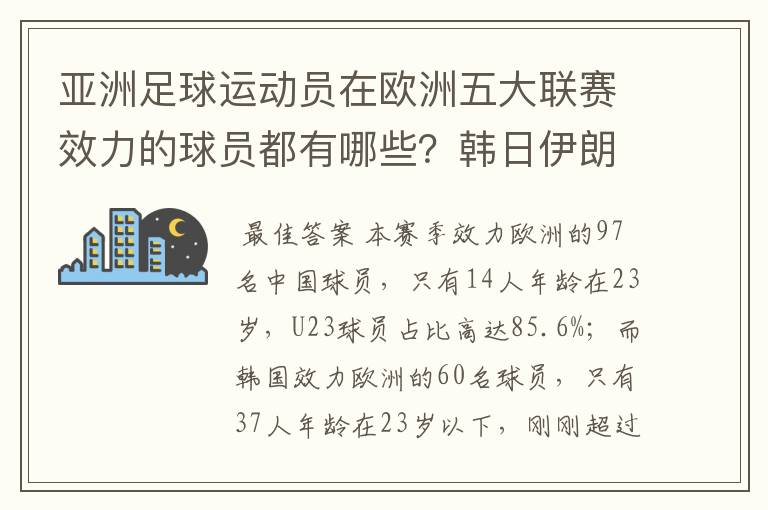 亚洲足球运动员在欧洲五大联赛效力的球员都有哪些?韩日伊朗 都是比较多吧!