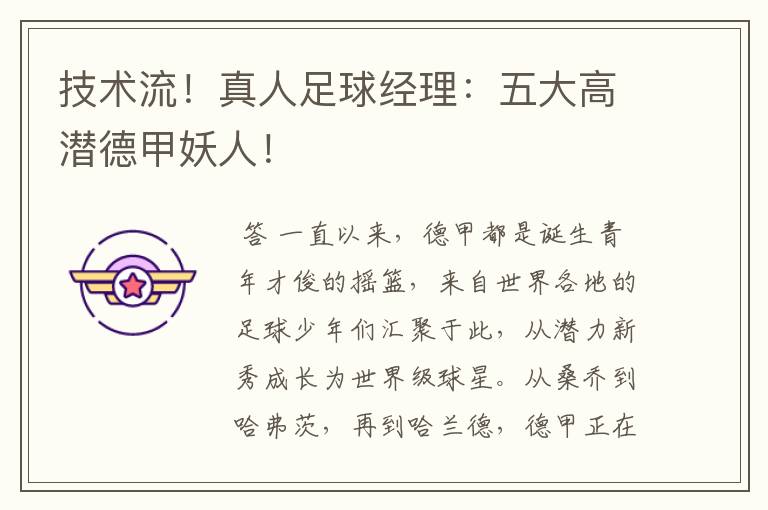 技术流!真人足球经理:五大高潜德甲妖人!