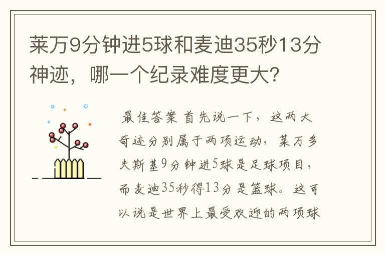 莱万9分钟进5球和麦迪35秒13分神迹,哪一个纪录难度更大?