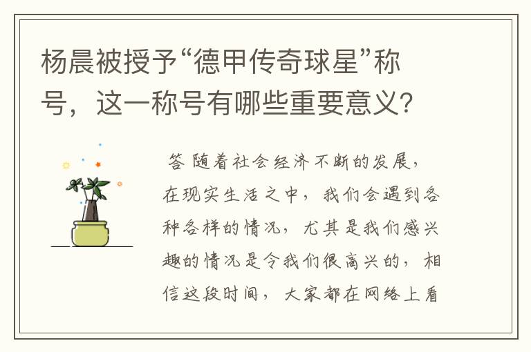 杨晨被授予“德甲传奇球星”称号,这一称号有哪些重要意义?