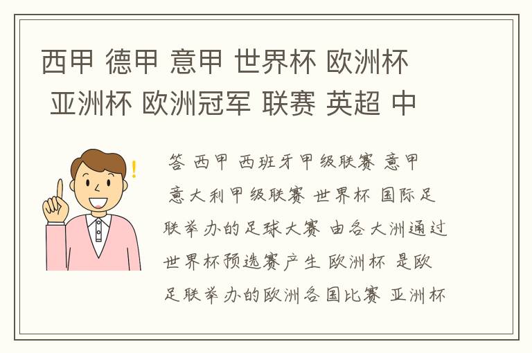 西甲 德甲 意甲 世界杯 欧洲杯 亚洲杯 欧洲冠军 联赛 英超 中超 分别是什么意思啊?