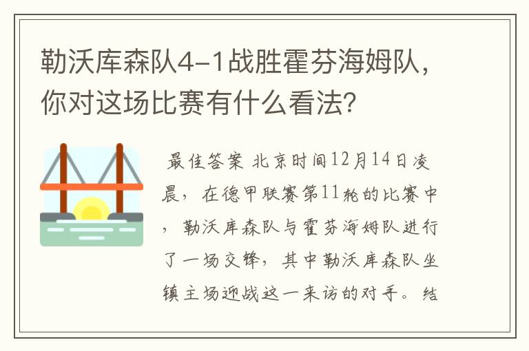 勒沃库森队4-1战胜霍芬海姆队,你对这场比赛有什么看法?