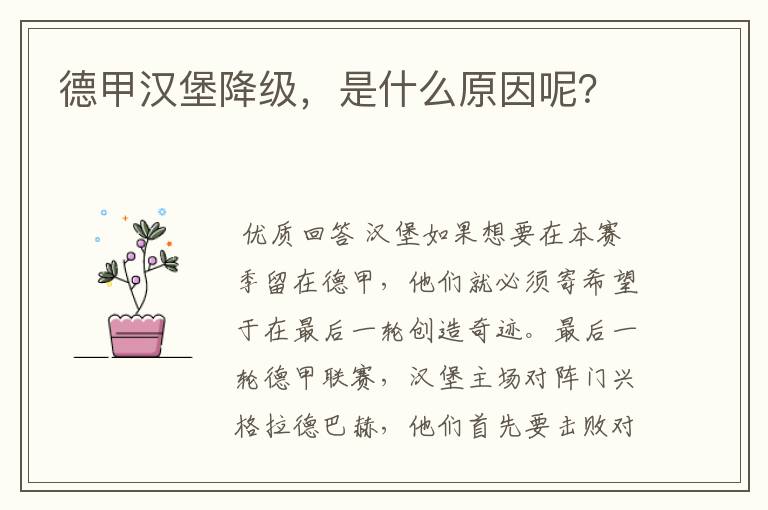 德甲汉堡降级,是什么原因呢?