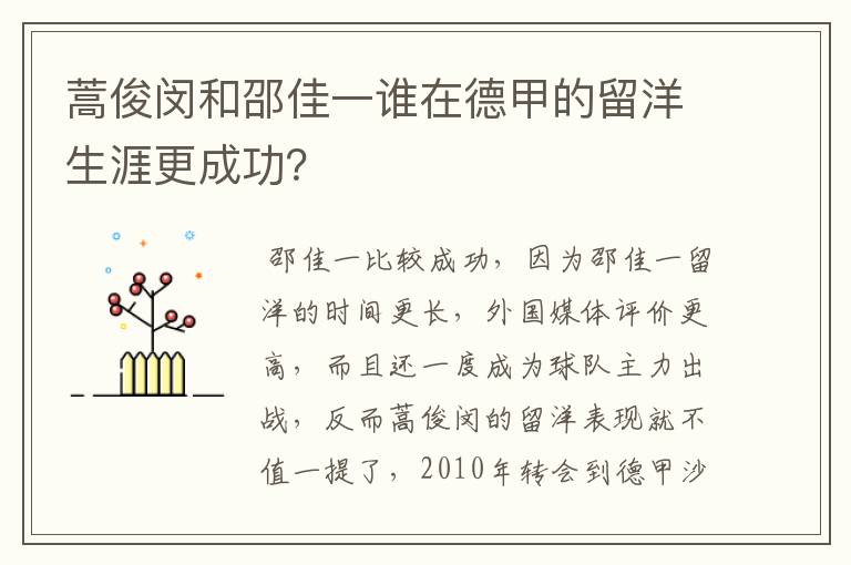 蒿俊闵和邵佳一谁在德甲的留洋生涯更成功?