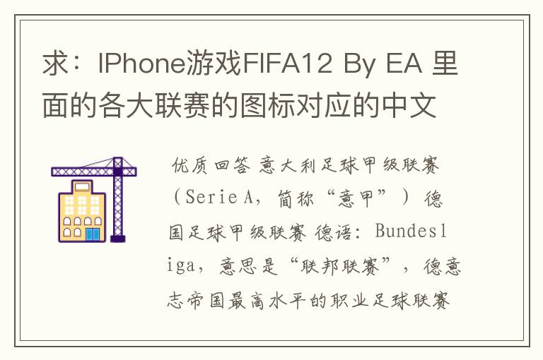 求:IPhone游戏FIFA12 By EA 里面的各大联赛的图标对应的中文名称 例如:Liga BBVA 西甲