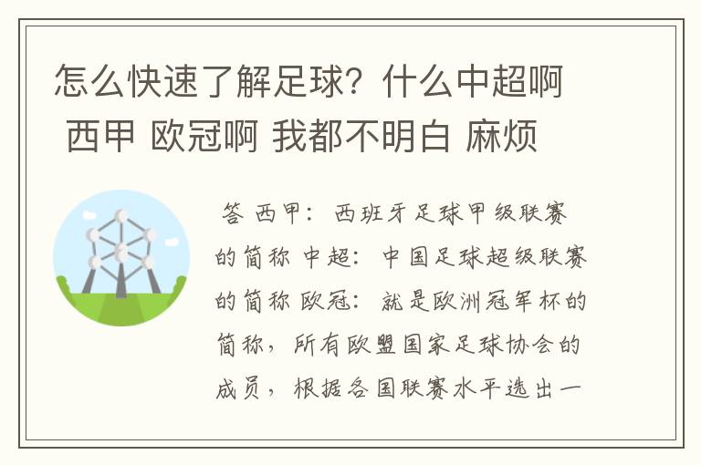 怎么快速了解足球?什么中超啊 西甲 欧冠啊 我都不明白 麻烦 有哪位特别了解足球的 跟我讲讲,多谢