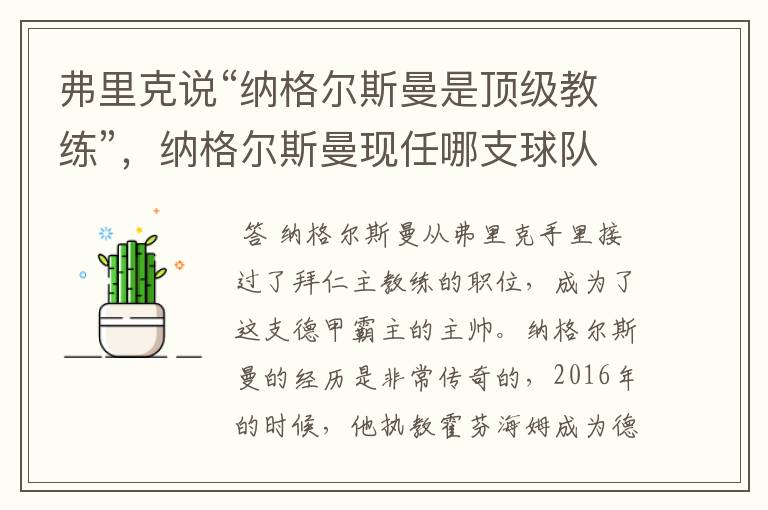 弗里克说“纳格尔斯曼是顶级教练”,纳格尔斯曼现任哪支球队的主帅?