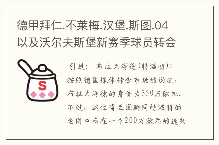 德甲拜仁.不莱梅.汉堡.斯图.04以及沃尔夫斯堡新赛季球员转会一览