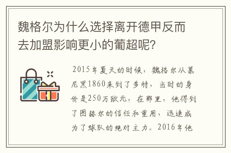 魏格尔为什么选择离开德甲反而去加盟影响更小的葡超呢?