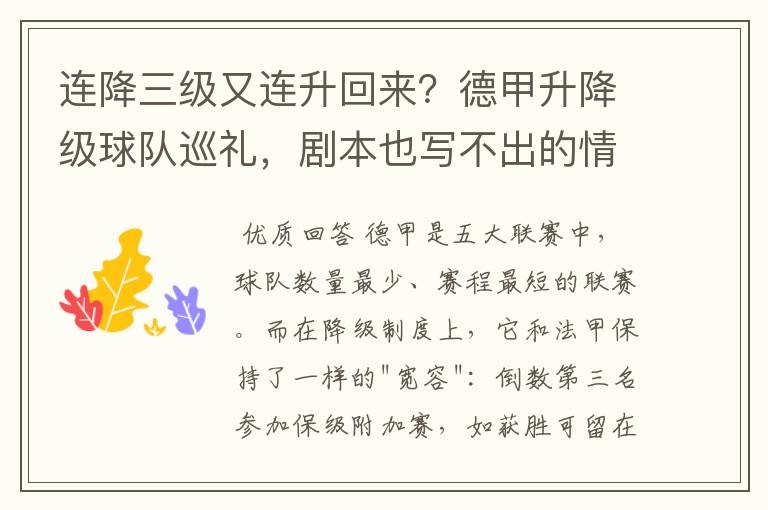 连降三级又连升回来?德甲升降级球队巡礼,剧本也写不出的情节