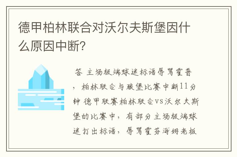 德甲柏林联合对沃尔夫斯堡因什么原因中断?