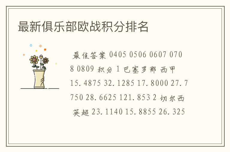 最新俱乐部欧战积分排名