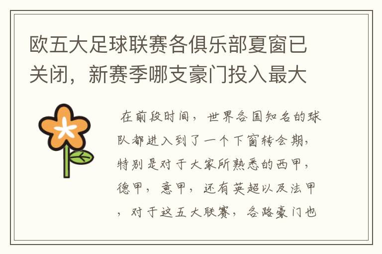 欧五大足球联赛各俱乐部夏窗已关闭,新赛季哪支豪门投入最大?