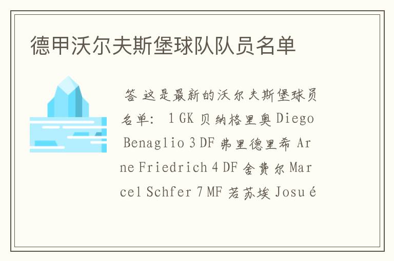 德甲沃尔夫斯堡球队队员名单