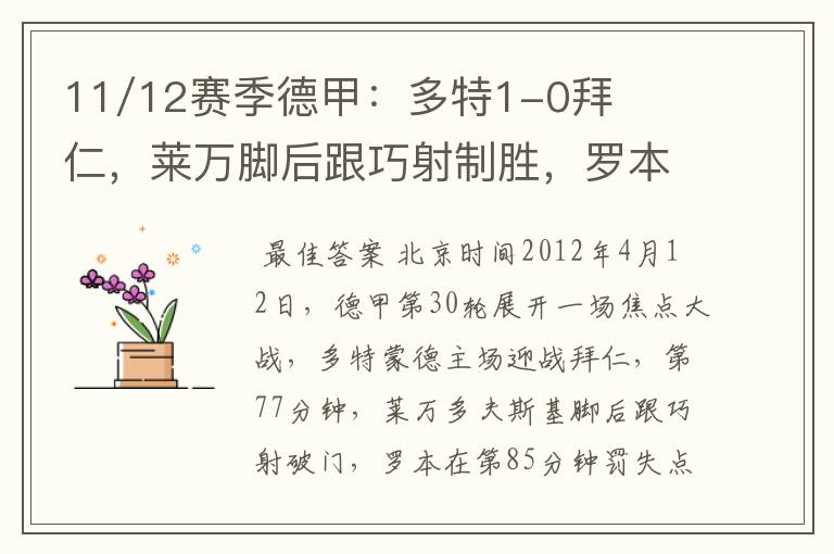 11/12赛季德甲:多特1-0拜仁,莱万脚后跟巧射制胜,罗本失点