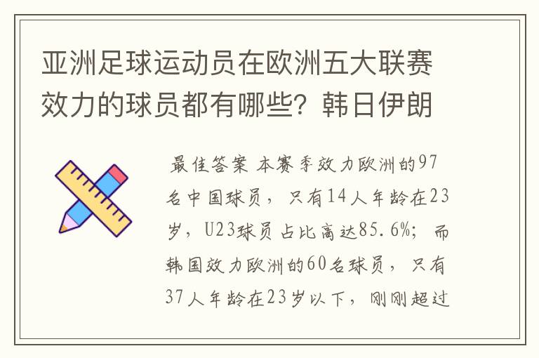 亚洲足球运动员在欧洲五大联赛效力的球员都有哪些?韩日伊朗 都是比较多吧!