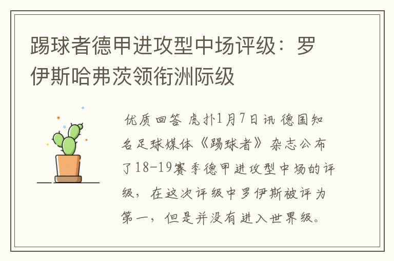 踢球者德甲进攻型中场评级:罗伊斯哈弗茨领衔洲际级