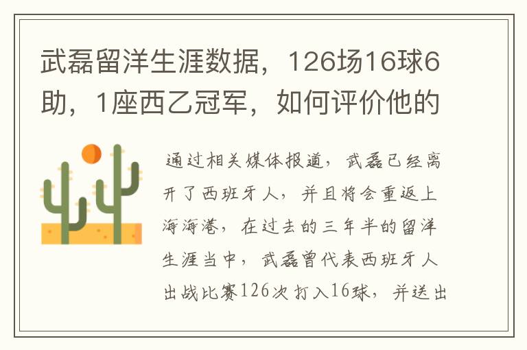 武磊留洋生涯数据,126场16球6助,1座西乙冠军,如何评价他的表现?