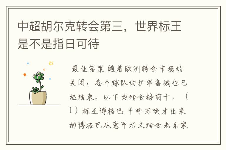 中超胡尔克转会第三,世界标王是不是指日可待