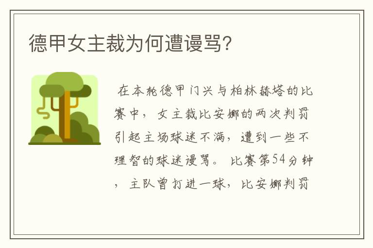 德甲女主裁为何遭谩骂?
