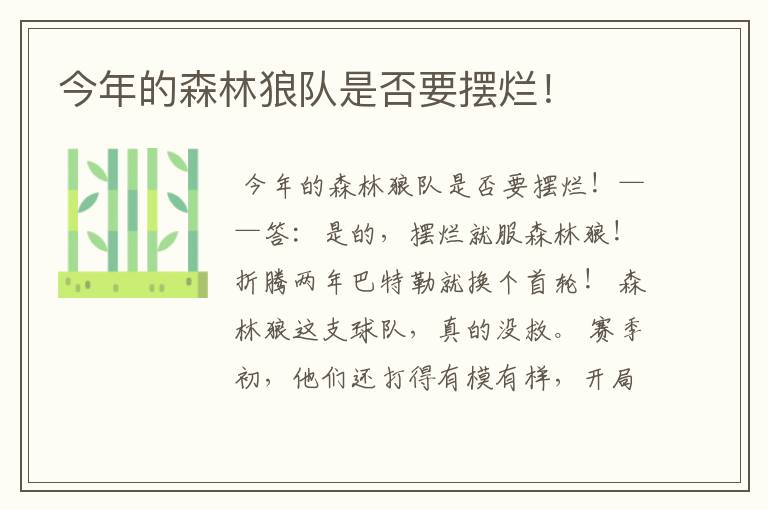 今年的森林狼队是否要摆烂!