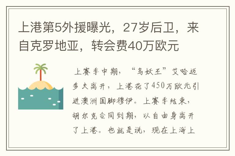 上港第5外援曝光,27岁后卫,来自克罗地亚,转会费40万欧元