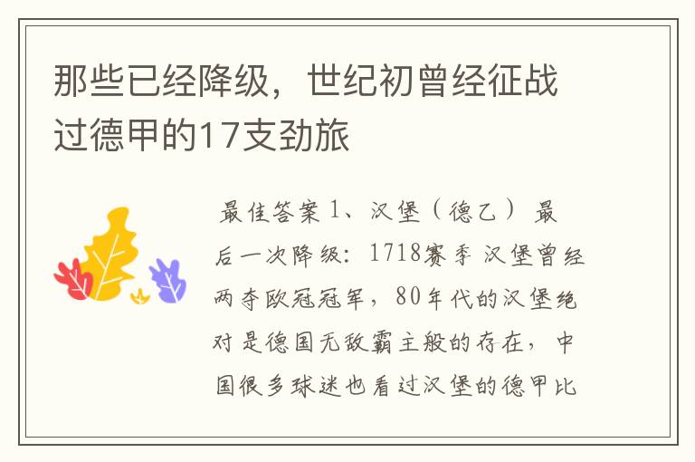 那些已经降级,世纪初曾经征战过德甲的17支劲旅