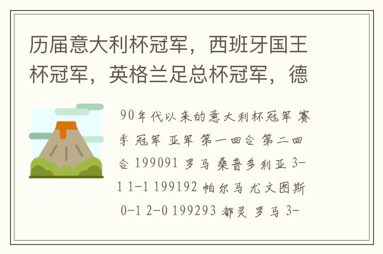 历届意大利杯冠军,西班牙国王杯冠军,英格兰足总杯冠军,德国杯冠军