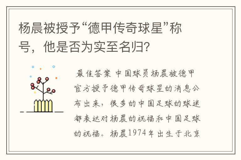 杨晨被授予“德甲传奇球星”称号,他是否为实至名归?
