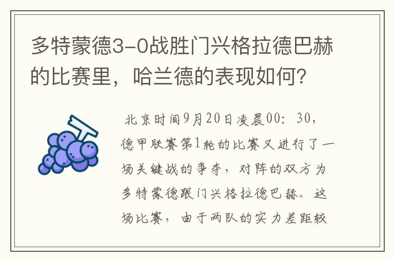 多特蒙德3-0战胜门兴格拉德巴赫的比赛里,哈兰德的表现如何?