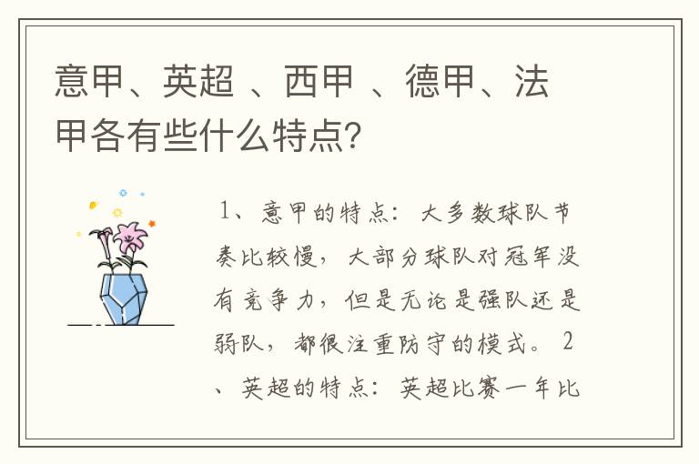 意甲、英超 、西甲 、德甲、法甲各有些什么特点?