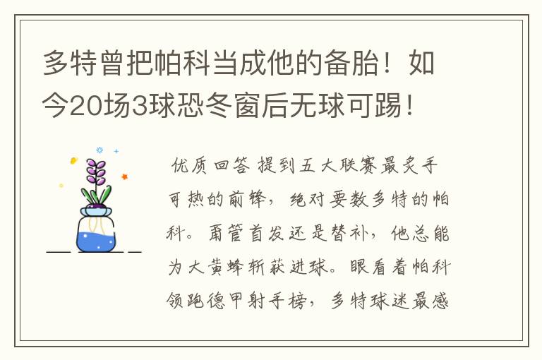 多特曾把帕科当成他的备胎!如今20场3球恐冬窗后无球可踢!