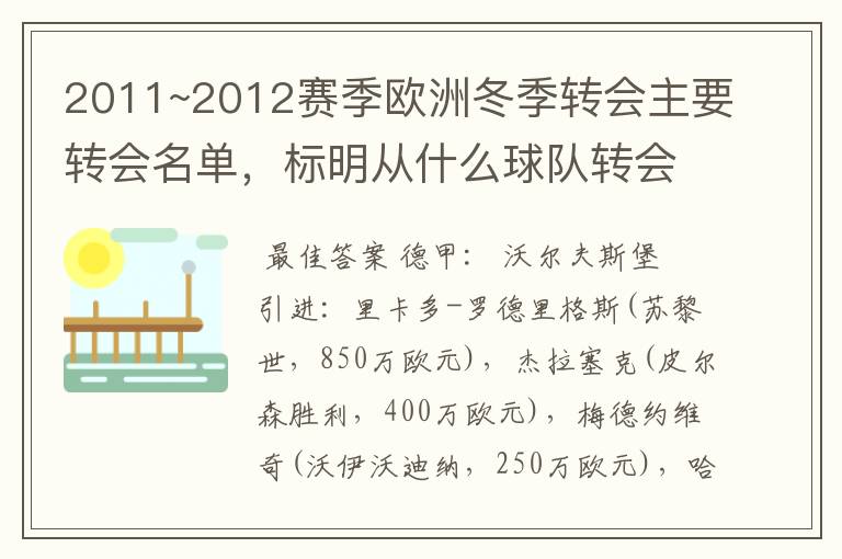 2011~2012赛季欧洲冬季转会主要转会名单,标明从什么球队转会到什么球队,多谢~