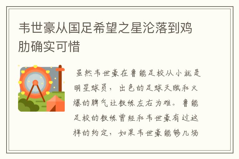 韦世豪从国足希望之星沦落到鸡肋确实可惜