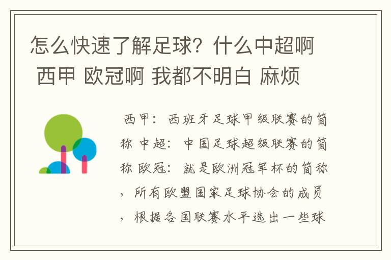 怎么快速了解足球?什么中超啊 西甲 欧冠啊 我都不明白 麻烦 有哪位特别了解足球的 跟我讲讲,多谢