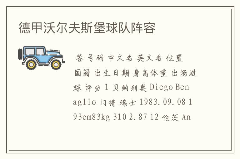 德甲沃尔夫斯堡球队阵容