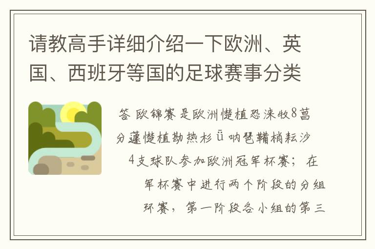 请教高手详细介绍一下欧洲、英国、西班牙等国的足球赛事分类!