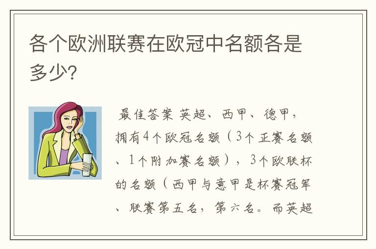 各个欧洲联赛在欧冠中名额各是多少?
