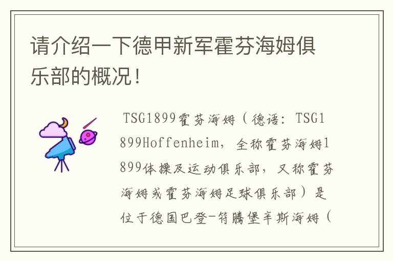 请介绍一下德甲新军霍芬海姆俱乐部的概况!