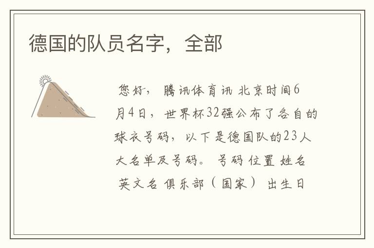 德国的队员名字,全部
