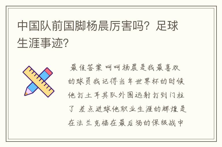 中国队前国脚杨晨厉害吗?足球生涯事迹?