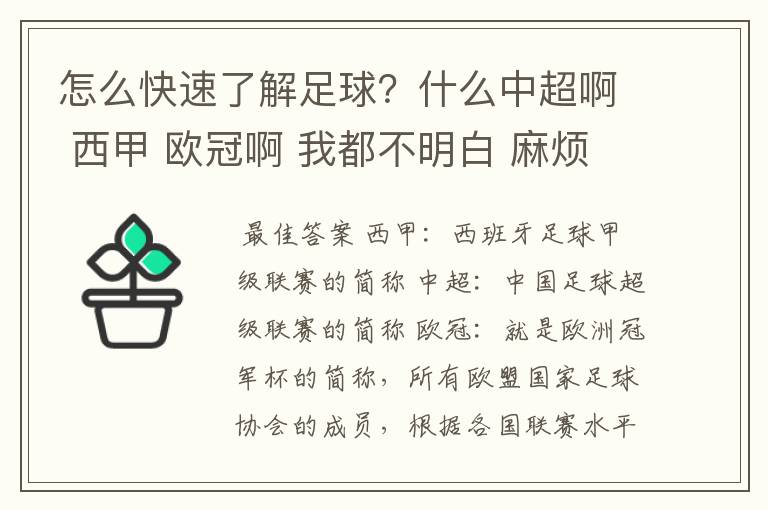 怎么快速了解足球?什么中超啊 西甲 欧冠啊 我都不明白 麻烦 有哪位特别了解足球的 跟我讲讲,多谢