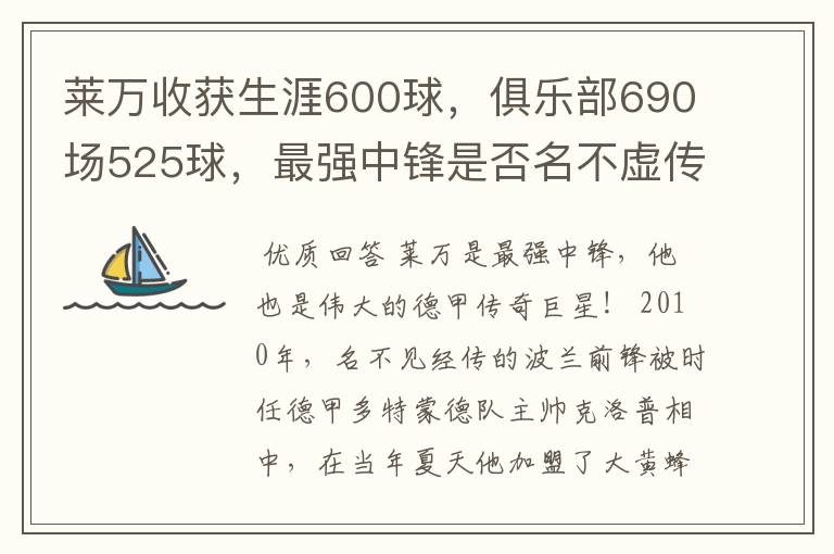 莱万收获生涯600球,俱乐部690场525球,最强中锋是否名不虚传?