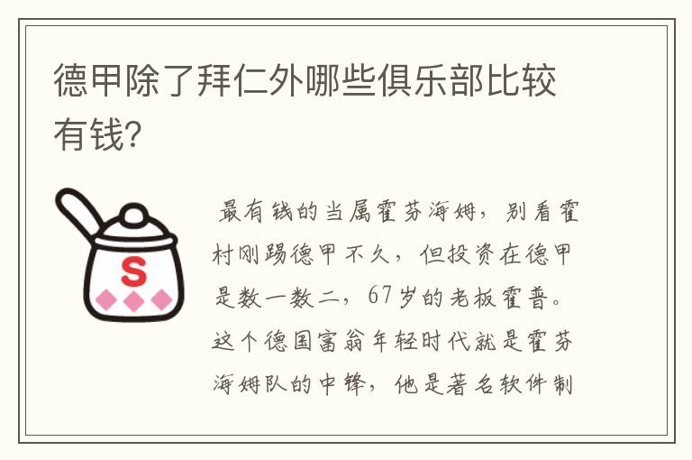德甲除了拜仁外哪些俱乐部比较有钱?