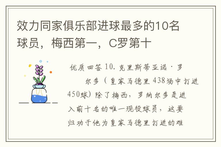 效力同家俱乐部进球最多的10名球员,梅西第一,C罗第十