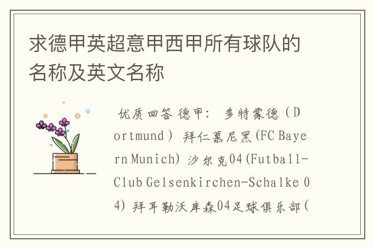求德甲英超意甲西甲所有球队的名称及英文名称