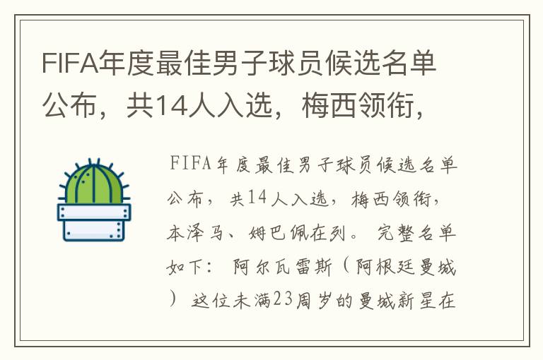 FIFA年度最佳男子球员候选名单公布,共14人入选,梅西领衔,本泽马、姆巴佩在列。完整名单