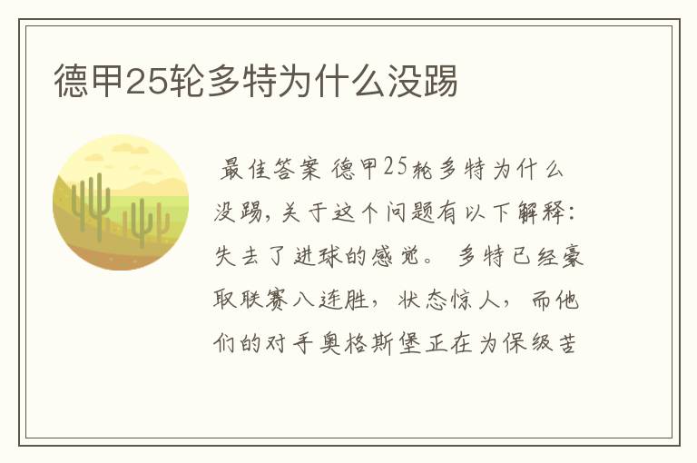 德甲25轮多特为什么没踢