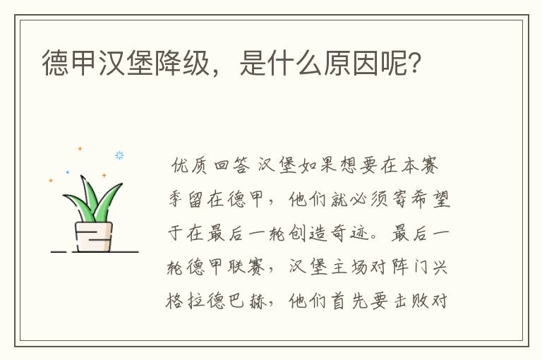 德甲汉堡降级,是什么原因呢?