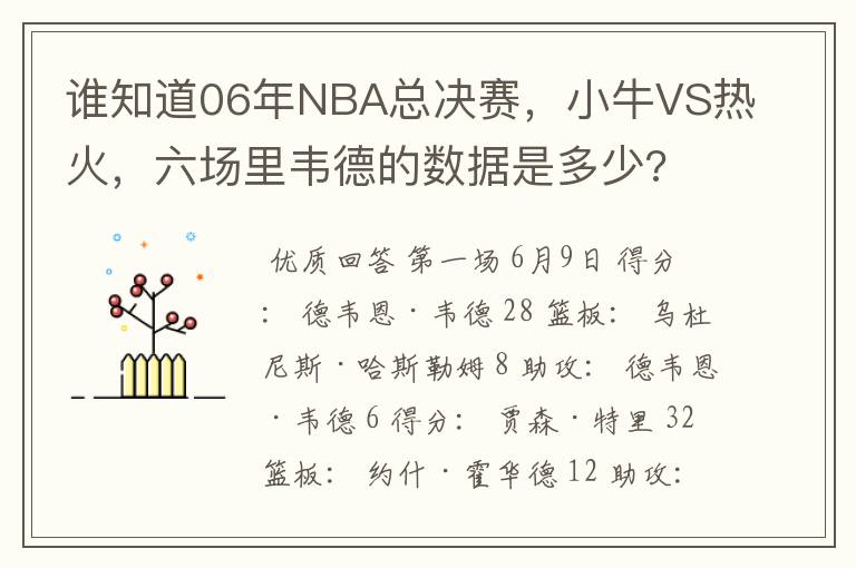 谁知道06年NBA总决赛,小牛VS热火,六场里韦德的数据是多少?